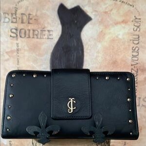 Juicy Couture Black Pebbled Leather Wallet Gold Studs Animal Print